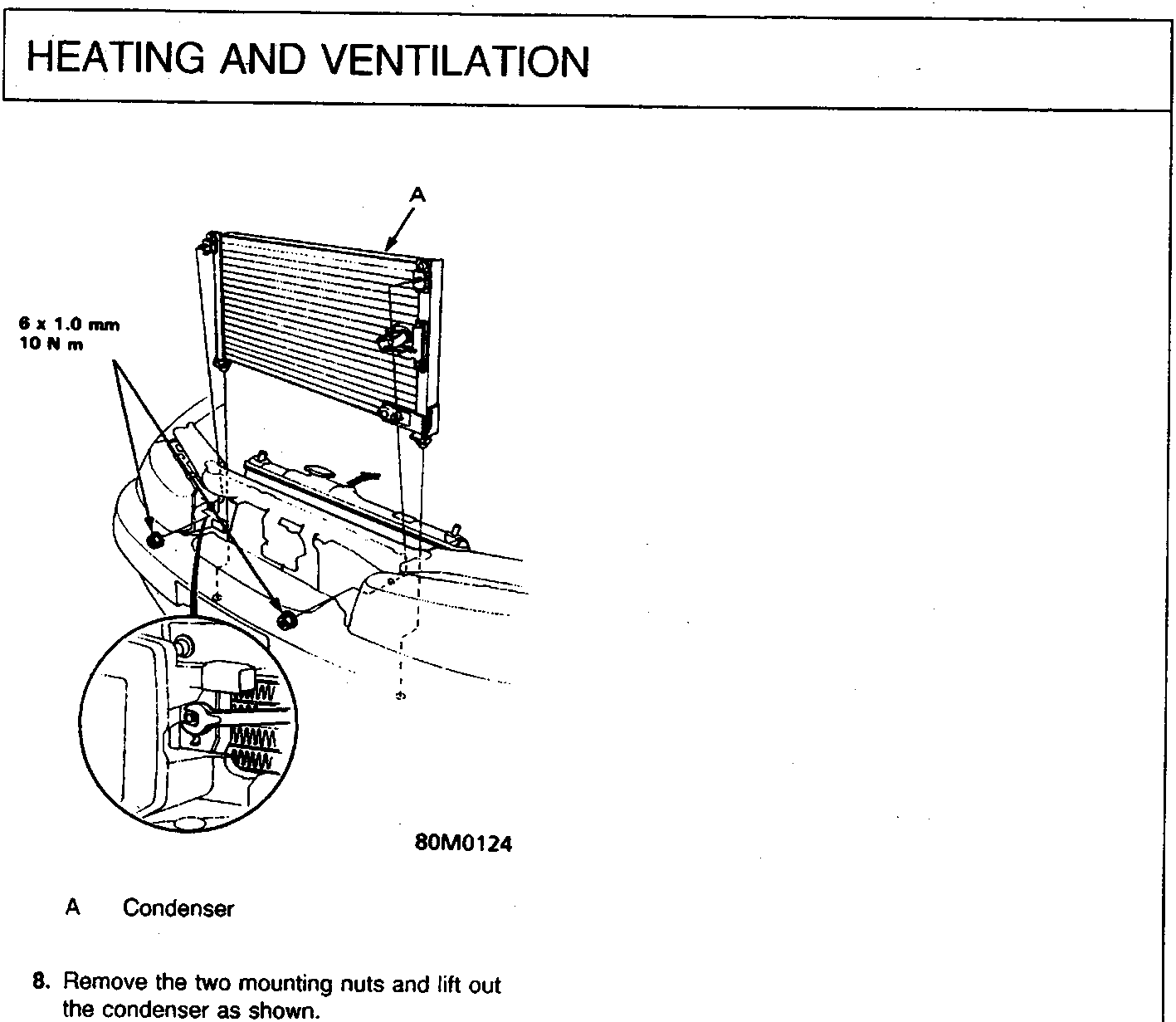 Diagram showing the condenser (A) being lifted out of the vehicle, with a callout indicating 6 x 1.0 mm bolts and 10 N m torque. A circular inset shows a close-up of the refrigerant line fittings.