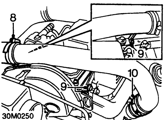 Slacken clip and disconnect air intake hose from turbocharger.