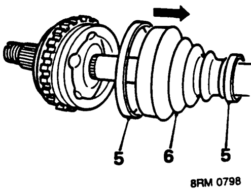 Outer joint, gaiter and damper – Place drive shaft in a vice.