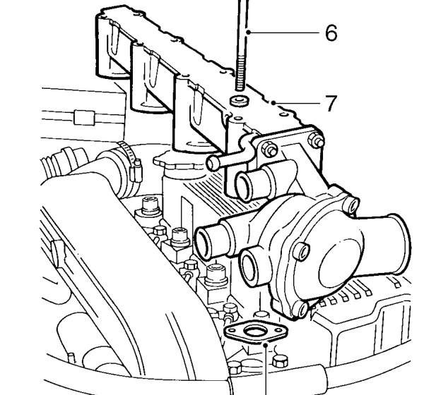 Coolant manifold – Release clip and disconnect expansion tank hose from coolant manifold.