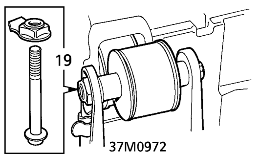 Remove 2 bolts securing front engine mounting to crossmember.