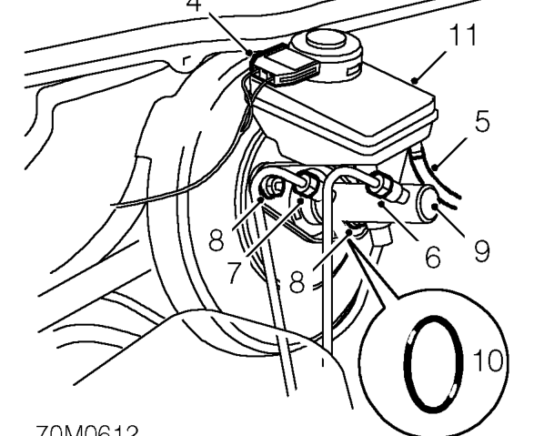 Brake master cylinder - diesel – Position cloth under master cylinder to absorb spilled fluid.
