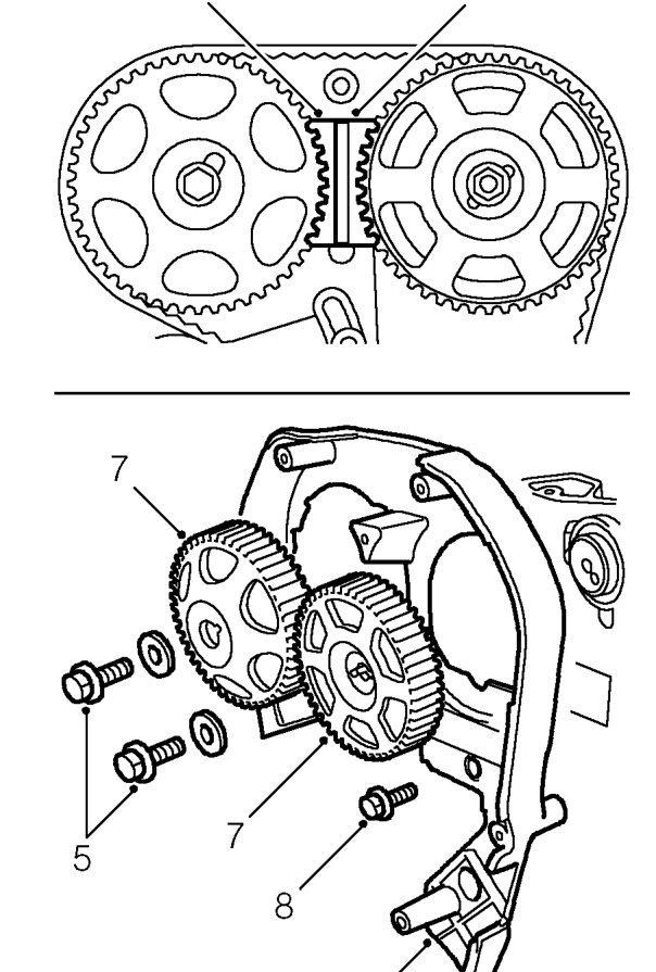 Cylinder head gasket - models without air conditioning – Check correct alignment of timing marks on crankshaft and camshaft gears.