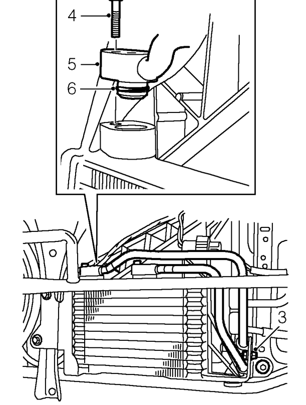 Fluid cooler feed hose/pipe – Position container to collect fluid loss.