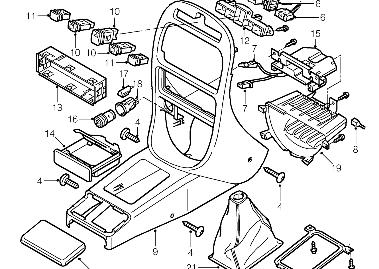 Front console – Release gaiter and remove gear knob.