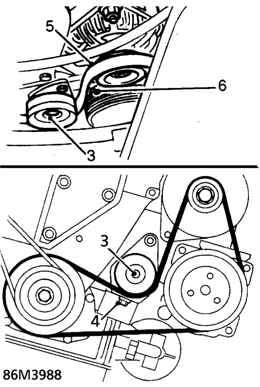 Auxiliary drive belt - models with air conditioning – Remove power steering pump drive belt. See STEERING, Repairs.