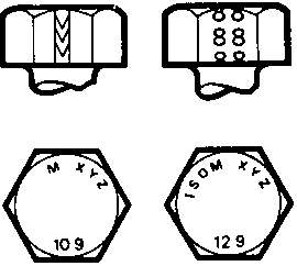 Diagram showing four views of bolt heads and nuts with embossed markings including M, XYZ, ISO M, 8.8, 10.9, and 12.9