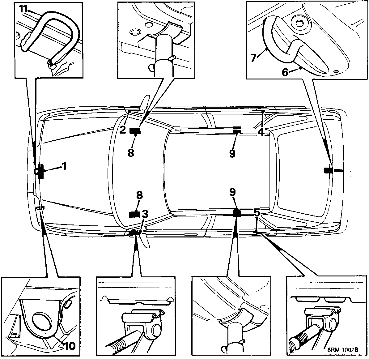 Top-down diagram of a vehicle showing jacking points and reinforced areas, with callout numbers 1 through 11 indicating specific locations on the chassis, sills, and towing eye.
