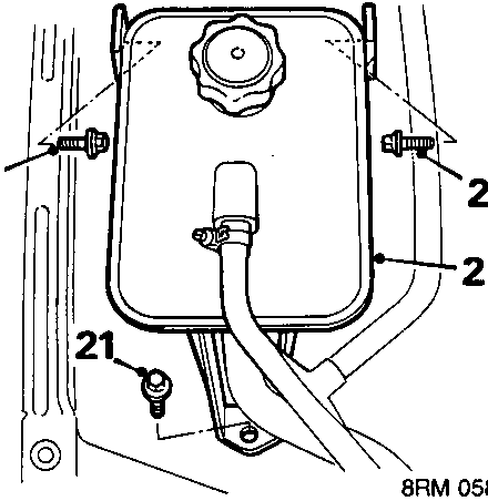 Diagram showing coolant expansion tank secured by three screws labeled 21, with the tank itself labeled 22.