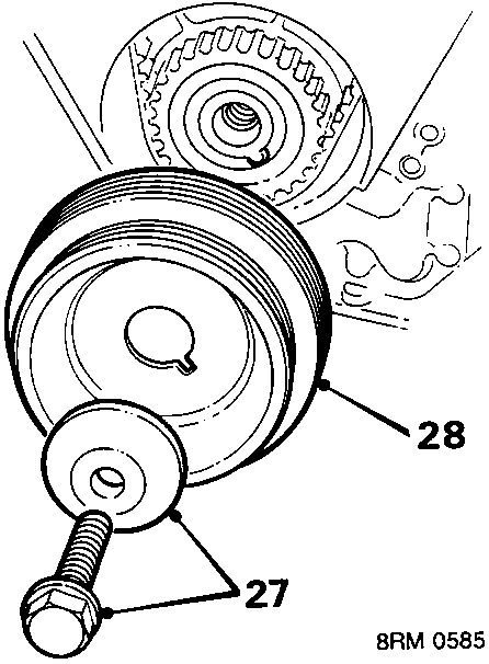 Diagram showing crankshaft pulley labeled 28 and its retaining bolt and washer labeled 27.