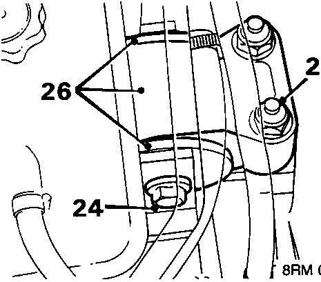 Diagram showing R.H. engine mounting assembly with nuts labeled 23, bolt labeled 24, and rubber washers labeled 26.