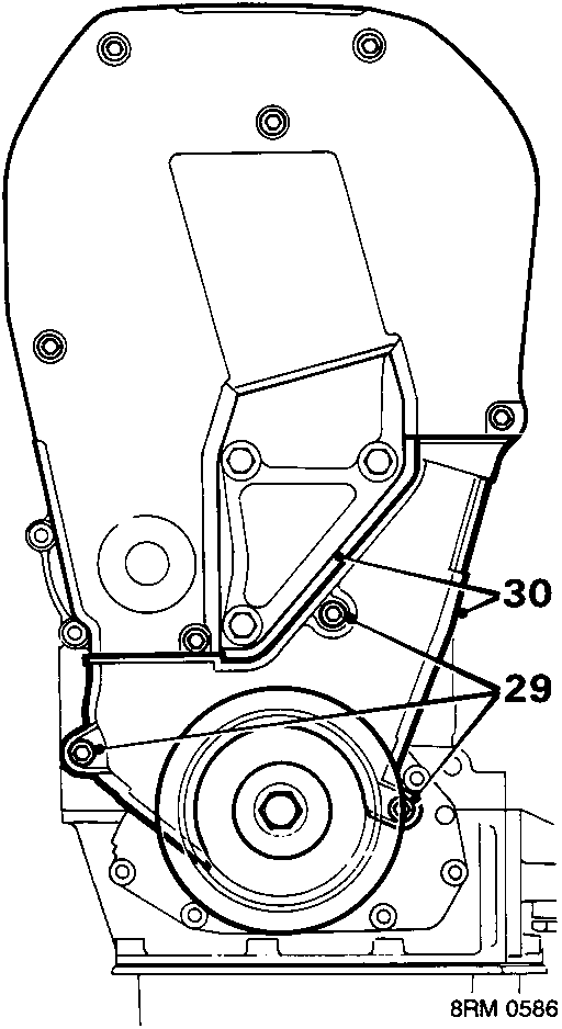 Diagram showing timing belt lower cover secured by screws labeled 29, with a rubber seal labeled 30.