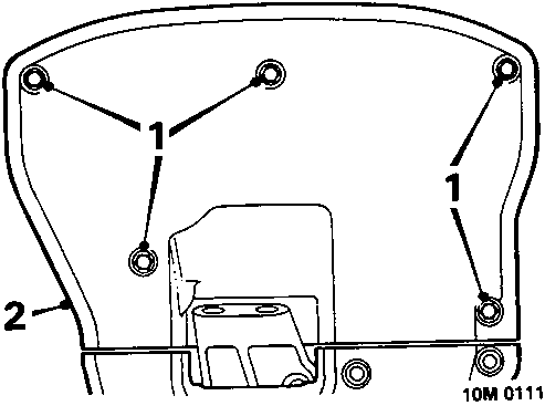 Diagram showing the top cover of the timing belt assembly with five bolts securing it, labeled with callout numbers 1 and 2.