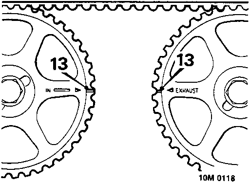 Diagram showing two camshaft gears with timing marks aligned. The left gear is labeled IN and the right gear is labeled EXHAUST. Both have a number 13 pointing to the timing mark. A reference number 10M 0118 is at the bottom right of the diagram.