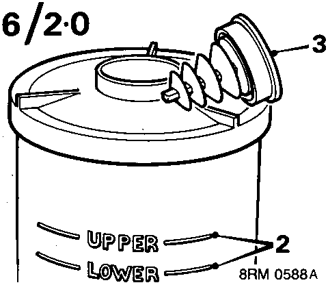 Diagram of a cylindrical power steering reservoir showing the filler cap (3), UPPER and LOWER level indicators (2), and reference code 8RM 0588A.
