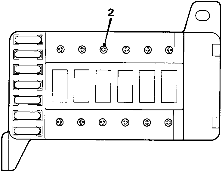 Diagram of the engine compartment fuse box for 1.6 engines showing fuse and relay positions, with callout number 2 pointing to a fusible link connection on the top row.