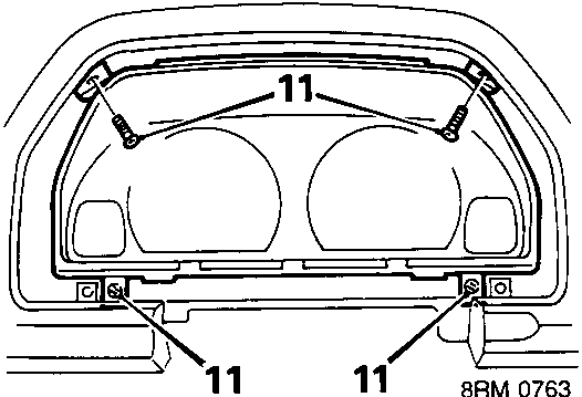 Diagram showing location of screws securing the instrument pack within the fascia