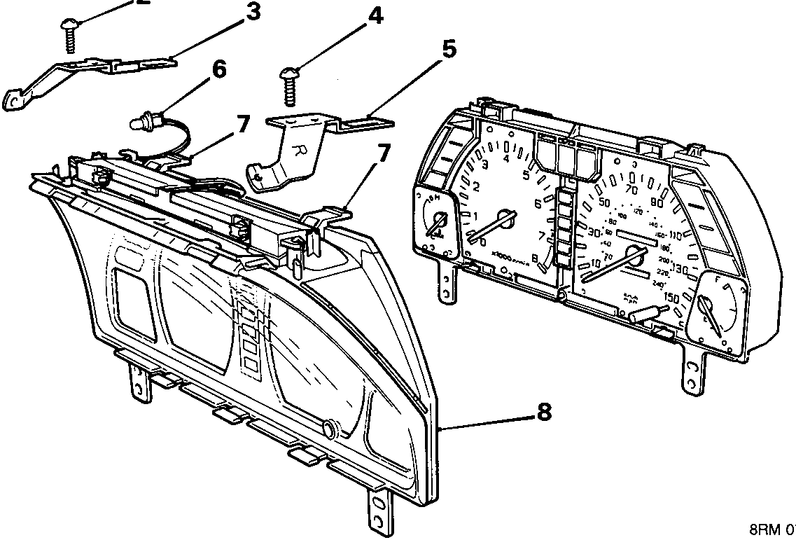 Exploded view diagram of the instrument panel window, faceplate, support brackets, screws, and panel illumination board bulb holder, with parts numbered 1 through 8.