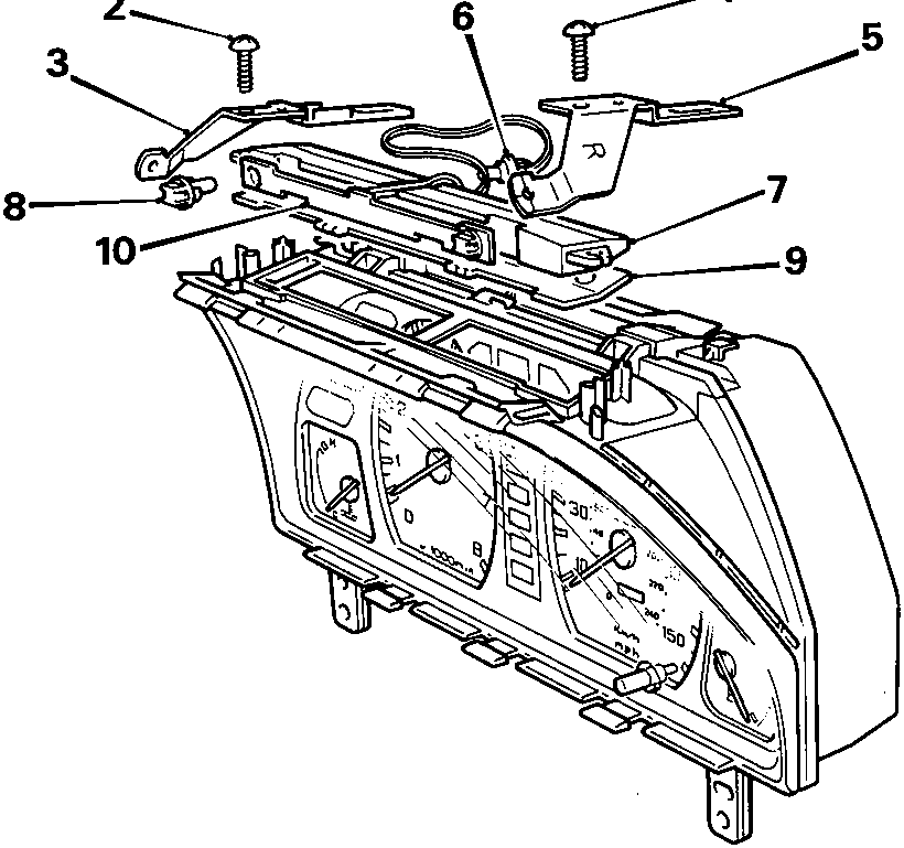 Exploded view diagram of the instrument pack showing the illumination board, support brackets, screws, and bulb holders with callout numbers 1 through 10.