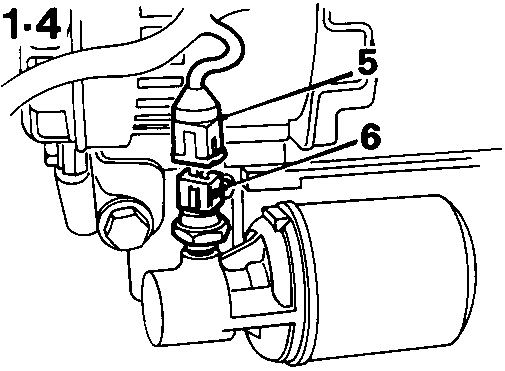Three diagrams illustrating oil pressure switch removal. Top diagram shows the switch location near the engine block. Middle diagram (labeled A/C) shows the switch position for vehicles with air conditioning. Bottom diagram (labeled 1-6) shows the switch location for 1.6 litre engines. Callout numbers 5 and 6 identify the electrical lead and the switch.