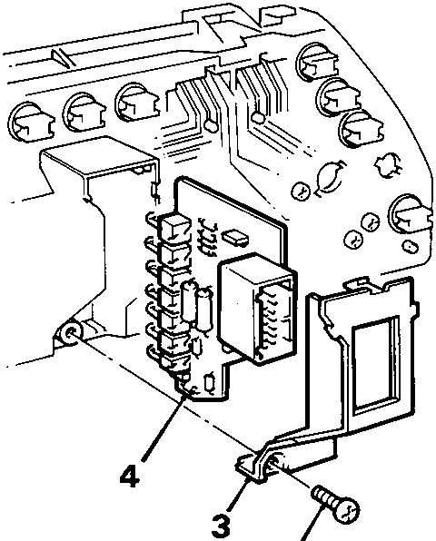 Diagram showing the rear of the instrument pack with a cover secured by a screw, and the indicator panel being withdrawn from mounting slots. Callout numbers 2, 3, and 4 identify the screw, cover, and panel respectively.