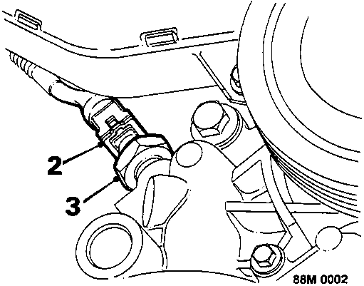 Diagram showing oil pressure switch (3) and multiplug (2) location on engine block