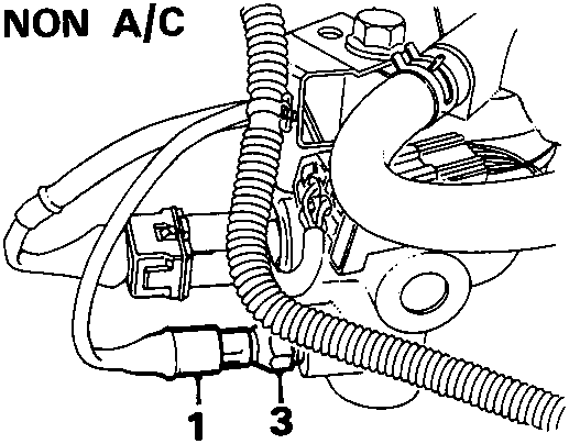 Diagram showing coolant temperature transmitter location for NON A/C model, with callout numbers 1 and 3