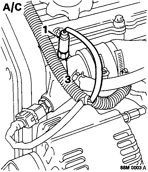Diagram showing coolant temperature transmitter location for A/C model, with callout numbers 1 and 3