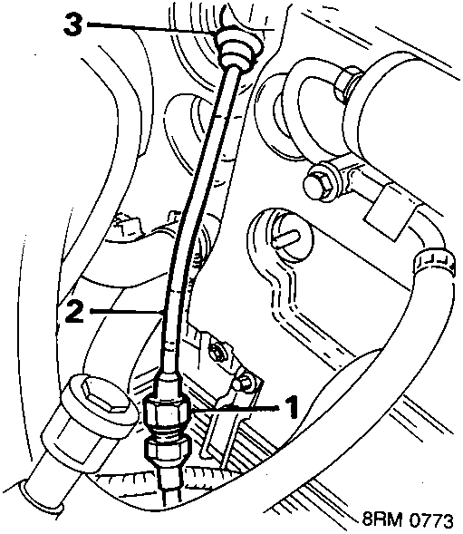 Diagram showing speedometer cable assembly near bulkhead with callout numbers 1, 2, and 3, reference 8RM 0773