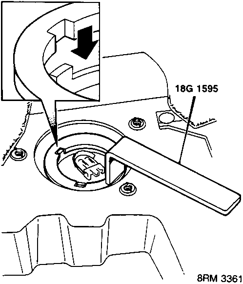 Diagram showing tool 18G 1595 positioned on a locking ring inside a fuel tank assembly