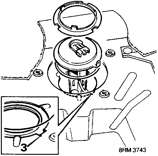 Diagram showing fuel tank unit float being inserted into the tank, with an inset detail of the cover tag alignment