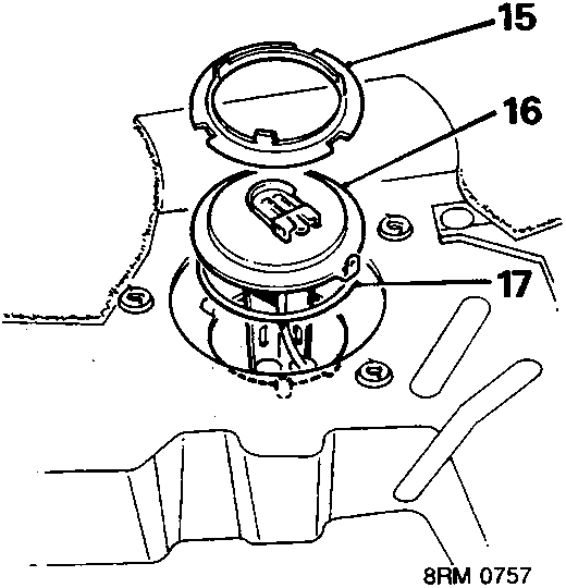 Diagram of fuel tank unit with callout numbers 15, 16, and 17 pointing to the locking ring, fuel tank unit, and sealing ring respectively