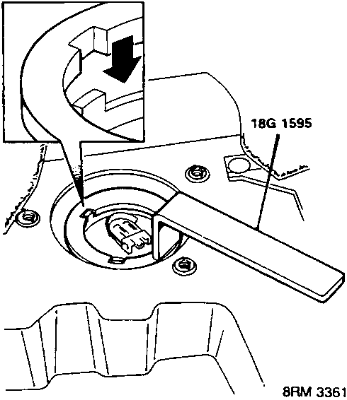 Diagram showing positioning tool 18G 1595 on the locking ring of the fuel tank unit