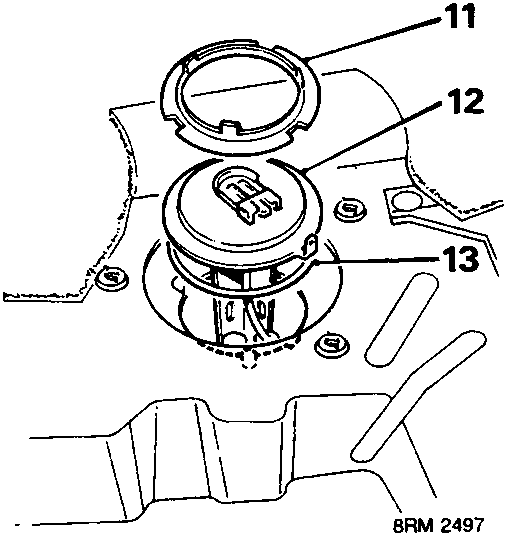 Diagram showing removal of locking ring (11), fuel tank unit (12) and sealing ring (13)