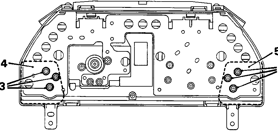 Diagram of the rear of an instrument pack showing callout numbers 3, 4, and 5 pointing to specific mounting points and components.