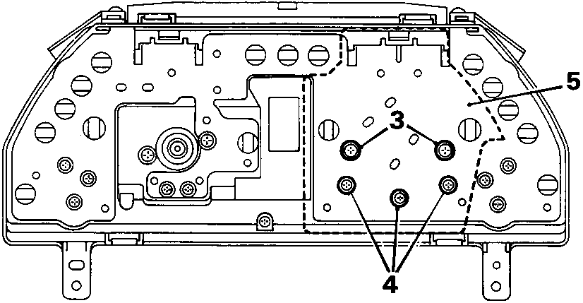Diagram showing the rear of an instrument pack with callout numbers 3, 4, and 5 indicating screw locations