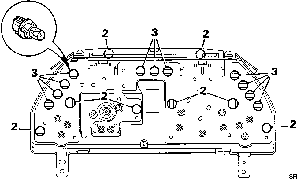 Diagram of the rear of an instrument pack showing multiple screw locations labeled with callout numbers 2 and 3, and a close-up inset of a bulb connector. The figure reference number 8FM 0774 is printed at the bottom right.