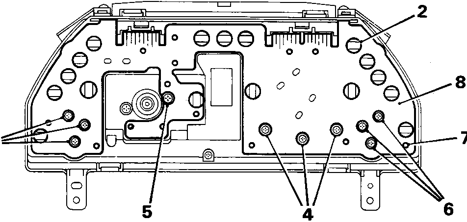 Diagram of the back of an instrument pack showing numbered callouts for screws, bulbs, and connectors.