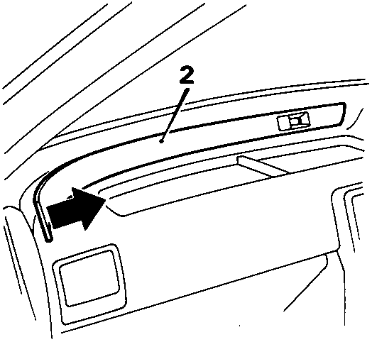 Diagram showing the removal of a veneer strip from the dashboard fascia, indicated by callout number 2 and an arrow.