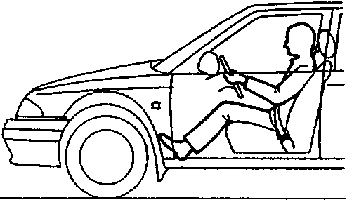 Side profile of a car with driver, showing the area in front of the driver shaded to indicate the frontal impact zone.