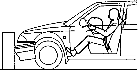 Side profile of a car with driver, showing the deployed airbag cushioning the driver's head and upper body during impact.
