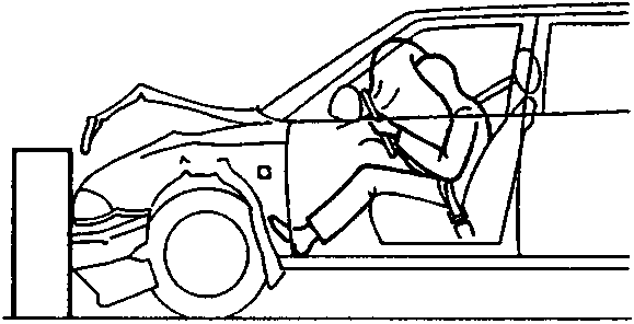 Side profile of a car with significant front-end damage, showing the deployed airbag protecting the driver inside the cabin.