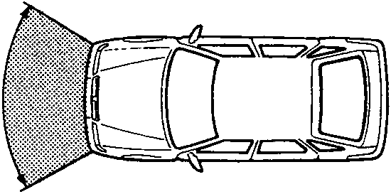 Top-down view of a car showing a shaded cone-shaped area extending forward from the front bumper, indicating the frontal impact detection zone.