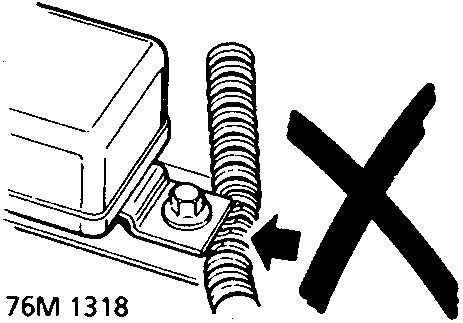 Diagram showing a wiring harness being pinched or trapped under a bolt, marked with a large cross