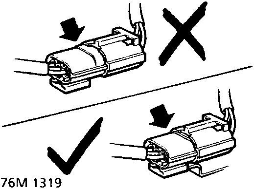 Diagram showing incorrect and correct methods of connecting an airbag harness connector, with a cross over the incorrect method and a checkmark over the correct method