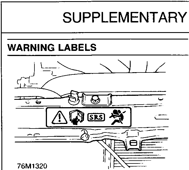 Warning label located on the bonnet locking platform, showing SRS symbol and pictograms.