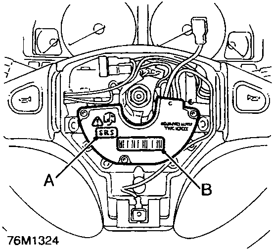 Steering wheel assembly with the airbag cover removed, revealing the internal control unit area labeled A and the bar code label labeled B.