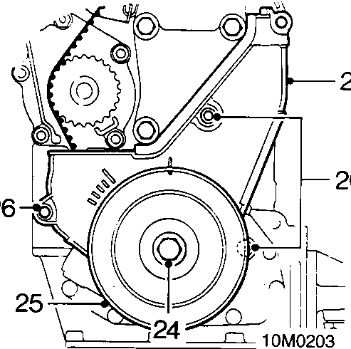 Diagram showing the lower section of the engine timing belt assembly with callout numbers 24, 25, 26, and 27 pointing to the crankshaft pulley bolt, crankshaft pulley, lower cover bolts, and lower cover respectively.
