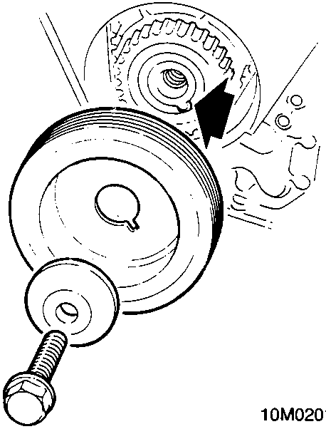Diagram showing the crankshaft pulley being fitted onto the crankshaft gear, with an arrow indicating the indent on the pulley locating over a lug on the gear.