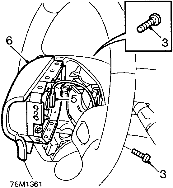 Diagram showing removal of airbag module from steering wheel, with callout numbers 3, 5, and 6 indicating Torx bolts, harness connector, and module attachment points respectively. Image code 76M1361.